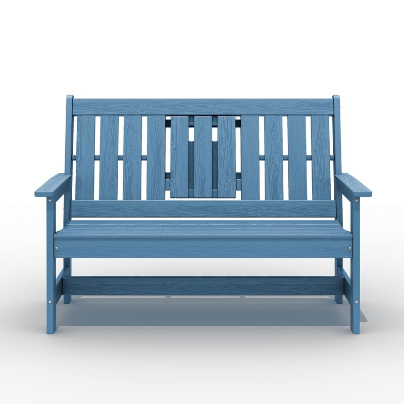HDPE 2 Person Patio Bench with foldable Cup Holder and Functional Center Panel - Blue