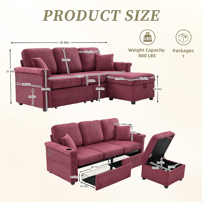 HOMEFUN Corduroy Upholstered L-shaped Pull-Out Storage Sectional Sofa with Storage Ottoman,USB Charging,Cup Holder