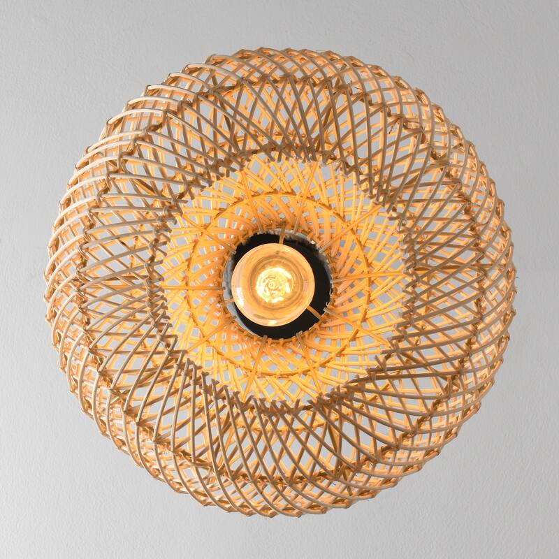 1-Light Boho Brown Rattan Hand-Woven Cloche Hanging Basket Pendant Light - 18.9" W x 59" H