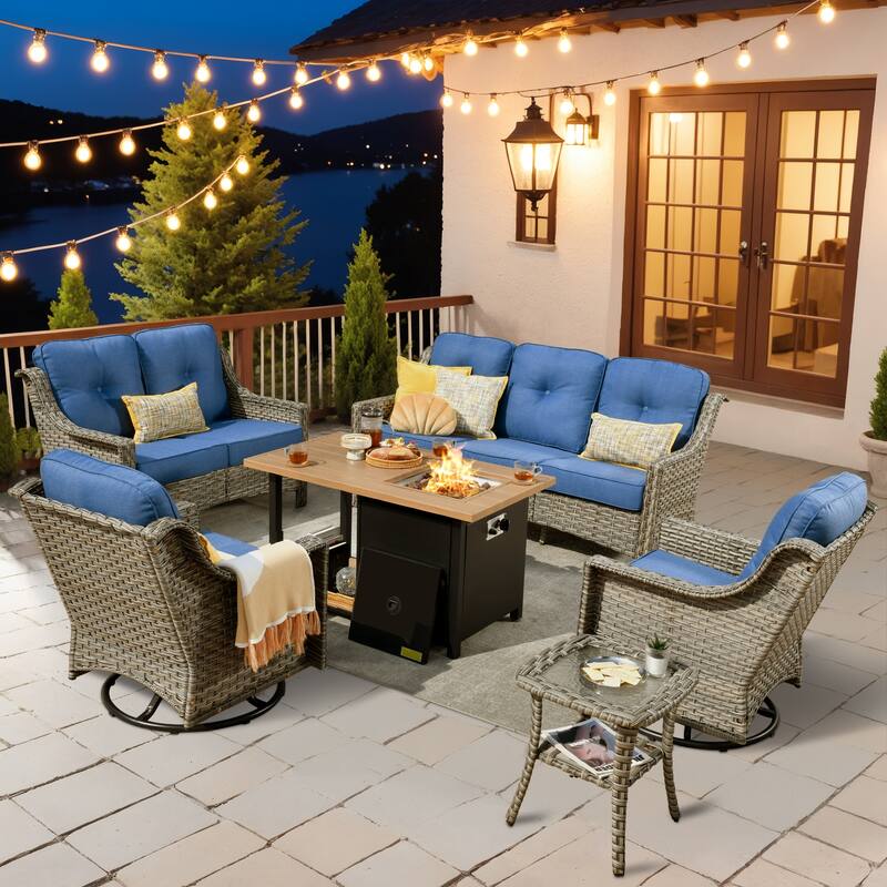 XIZZI 6-Piece Outdoor High-back Furniture Swivel Chair Set - Diamond Blue