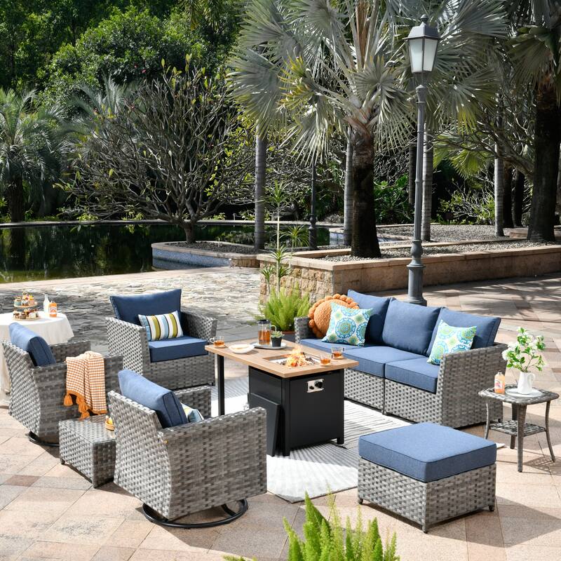 OVIOS 10-Piece Patio Wicker Conversation Rocking Chair Set With Fire Table - Denim Blue