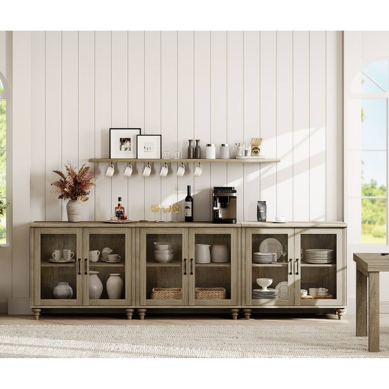 Kitchen Sideboard Buffet Cabinet, Glass Display Cabinet with Storage - 100 Inch - Wash Grey