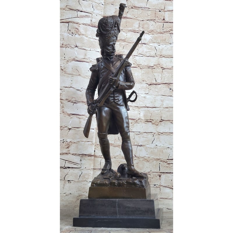 19Th Century European Soldier W/ Rifle In Bearskin Hat Bronze Metal Statue Sculpture