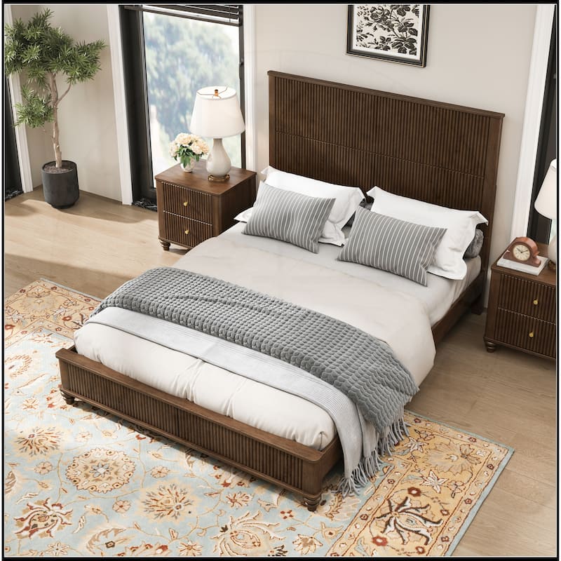 Solid Wood Bed Frame with Headboard - Walnut - Queen