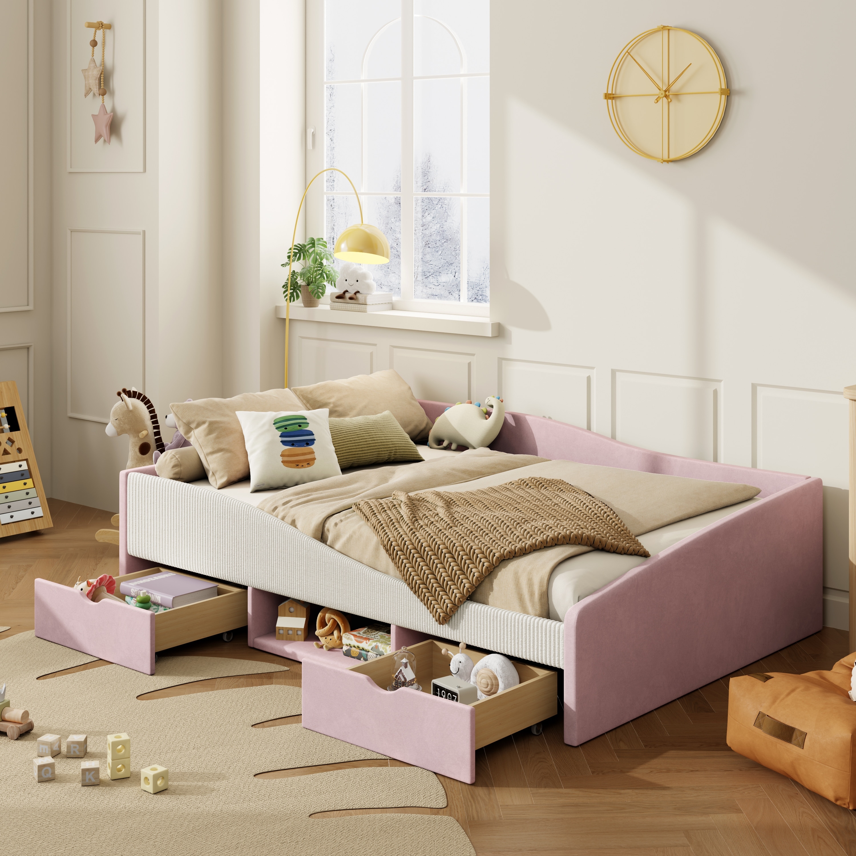 Upholstered Daybed Frame with 2 Drawer Chic Streamlined Guardrail