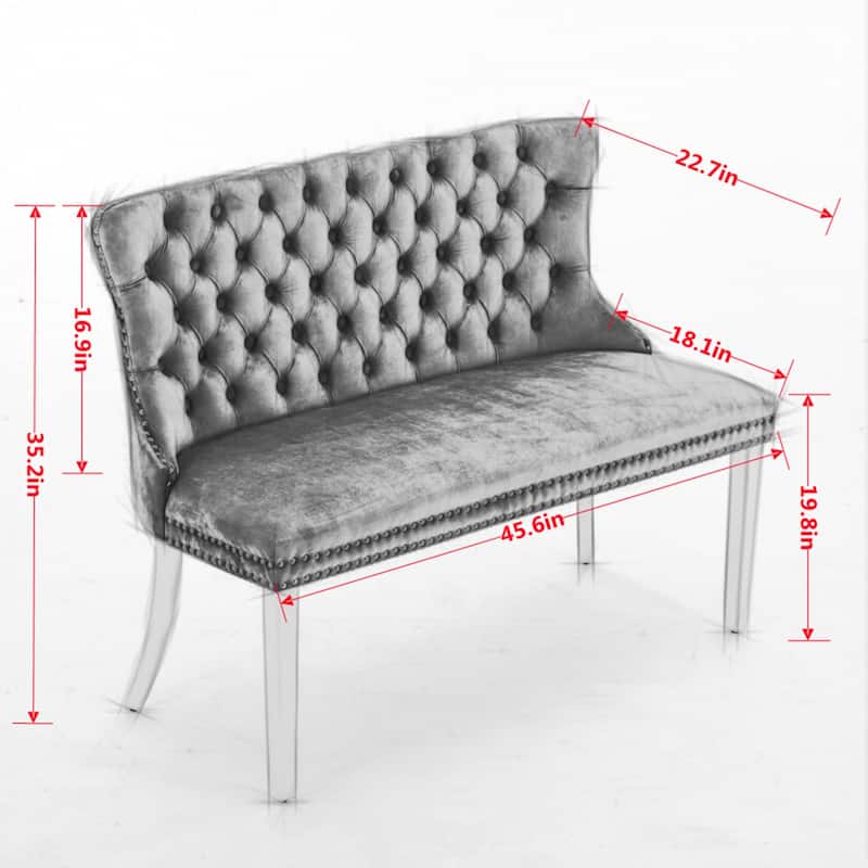 Velvet Double Dining Loveseat Bench, 2-Seat Tufted Bench w/Handmade Buttons, Wing Back, Gold-Plated Steel Legs, Single Pack