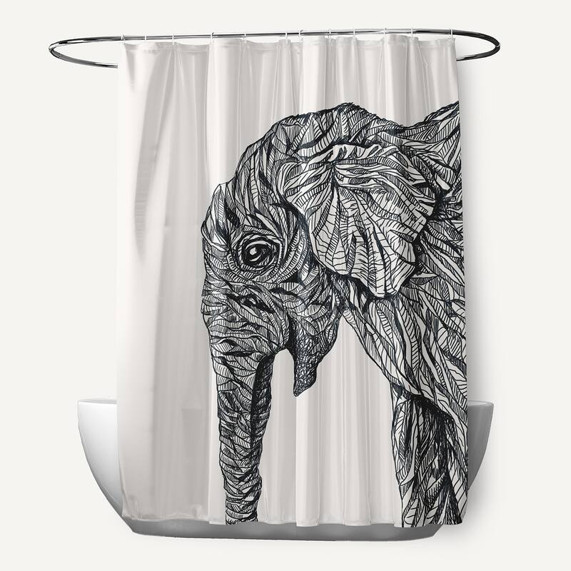 Sketched Elephant Animal Print Print Pattern Shower Curtain - White