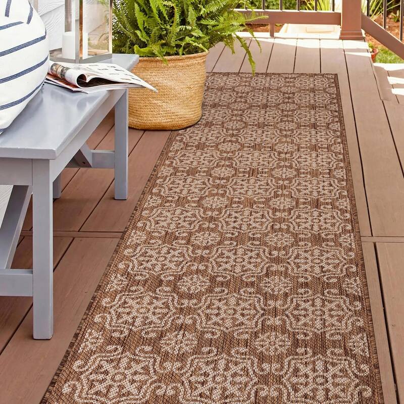 World Rug Gallery Transitional Geometric Textured Flat Weave Indoor/Outdoor Area Rug - 2'x7' Runner - Brown
