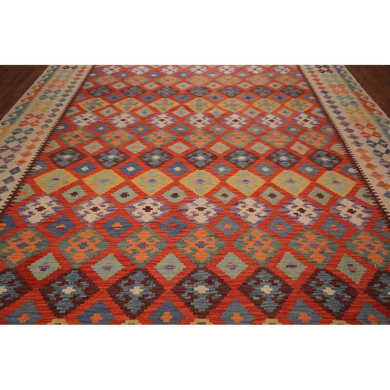Orange Trellis Kilim Oriental Area Rug Hand-Woven Wool Carpet - 6'2" x 9'10"