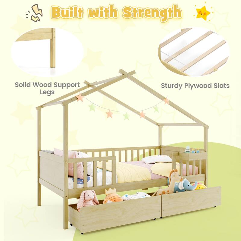 Gymax Twin House Bed w/ 2 Storage Drawers Roof & Fence Rails Headboard