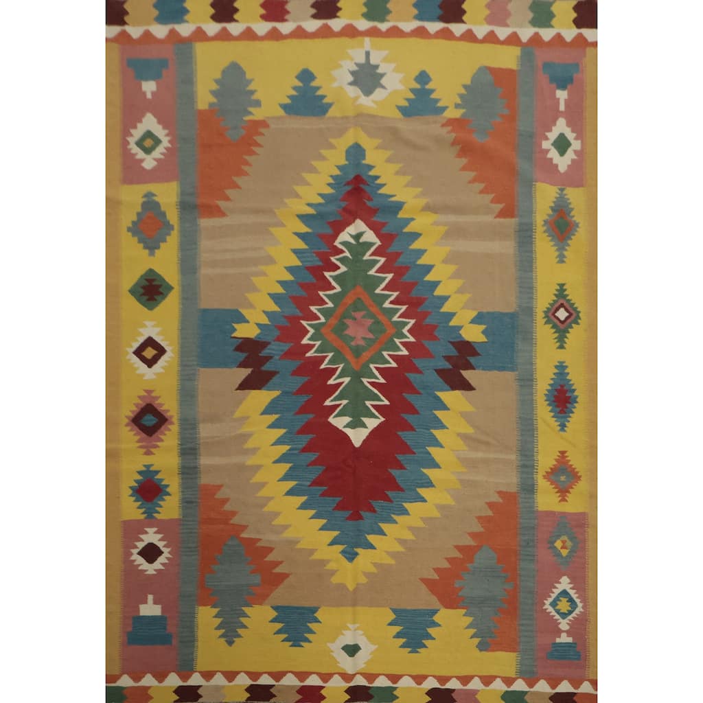 Hand Woven Oriental 100% Wool Carpet Southwestern Tribal Multi-Colored Kilim Area Rug - 9' 11'' X 8' 1''