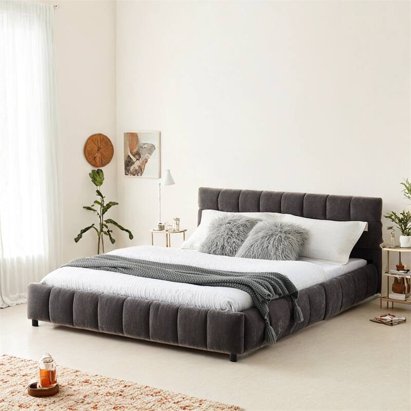 Queen Size Upholstered Bed,with Headboard and Solid Bed Frame