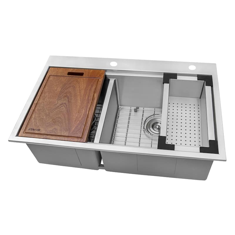 Ruvati 33 x 22 inch Workstation Drop-in 40/60 Double Bowl Topmount Rounded Corners Kitchen Sink - 33 x 22 - 33 x 22