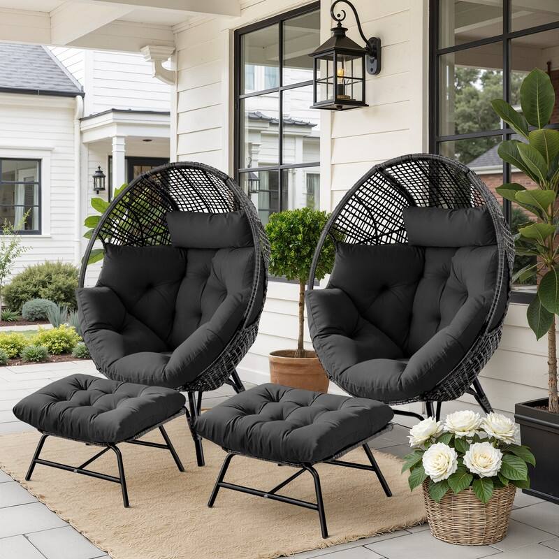 FINCATI Outdoor Wicker Egg Chair with Ottoman Cushions 440 lb Capacity - 2 PCS-Dark Grey