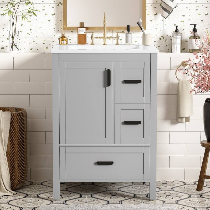 GDFStudio - Maple Modern Freestanding Bathroom Vanity with Ceramic Sink, Soft Close Door and Multi Drawer Storage - 24" - Gray