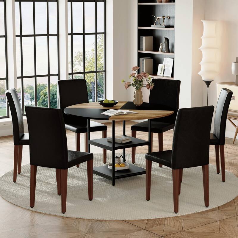 Round Dining Table with Double-Laye Storage, Wood and Black Fan Panels, Rust Proof Metal Legs, Non-Slip Mats