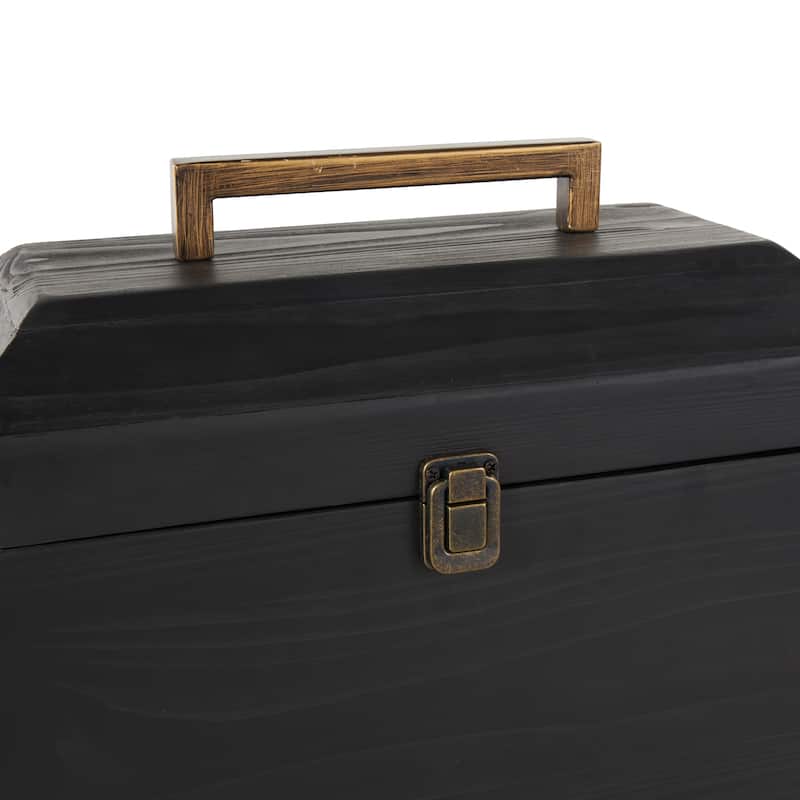 Black Wood Handmade Decorative Box with Brass Latches and Handle (Set of 2)