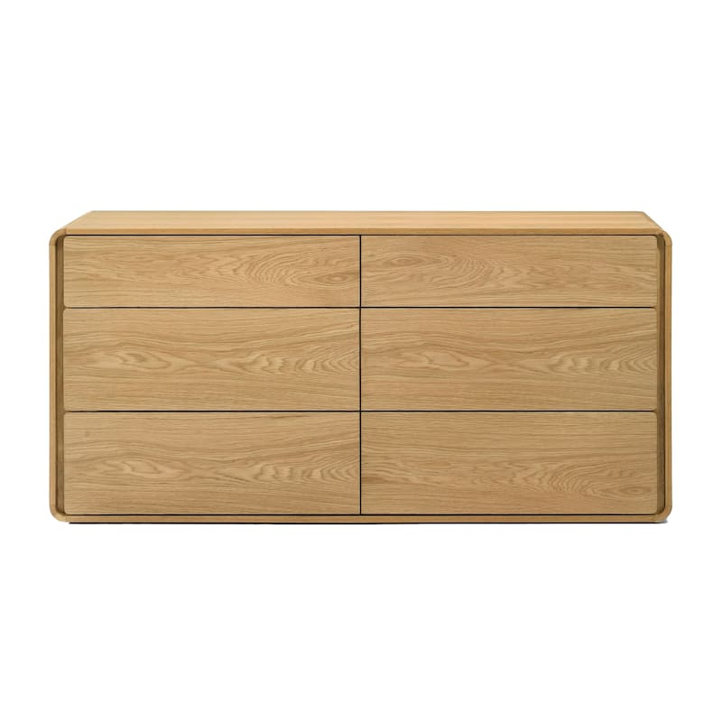 Aki 59 Inch Wide Dresser, 6 Drawers, Natural Brown Rubberwood and Veneer