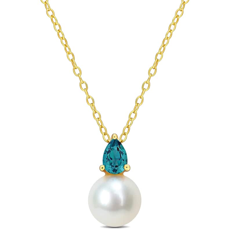 Miadora 5/8ct TGW Created Alexandrite and 8.5-9mm Cultured Freshwater Pearl Pendant with Chain Yellow Silver - 15.5 mm x 8.7 mm