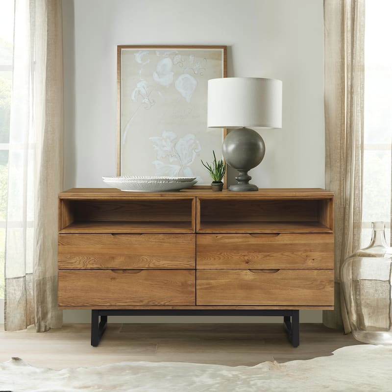 Aldo Solid Oak Wood 4 Drawer Dresser with Open Shelves 59" x 20" x 33"