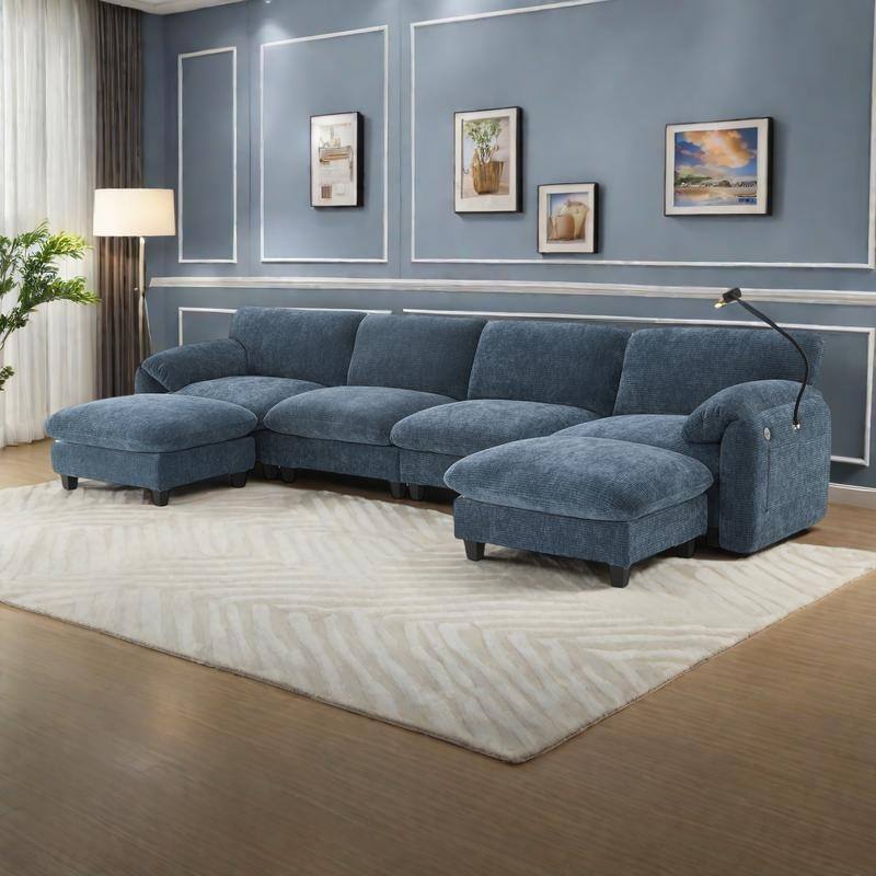 140" Chenille U-Shaped Modular Sectional Sofa with 31.5" Wide Seats, USB/Type-C Chargers & Storage Pockets - Blue Gray