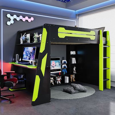 Teens All-in-One Esports Gaming & Work Loft Bed with Built-in RGB Lights, Side Gaming Desk, Console Storage, TV Area and Shelves