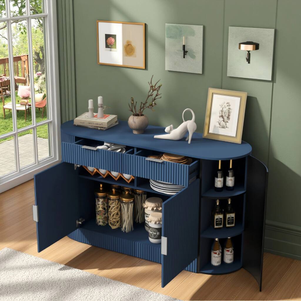 Striped 2 Doors & 2 DrawersConsole Table, Multifunctional Console StorageTable with Curved Side Door & 3-Tier Shelves
