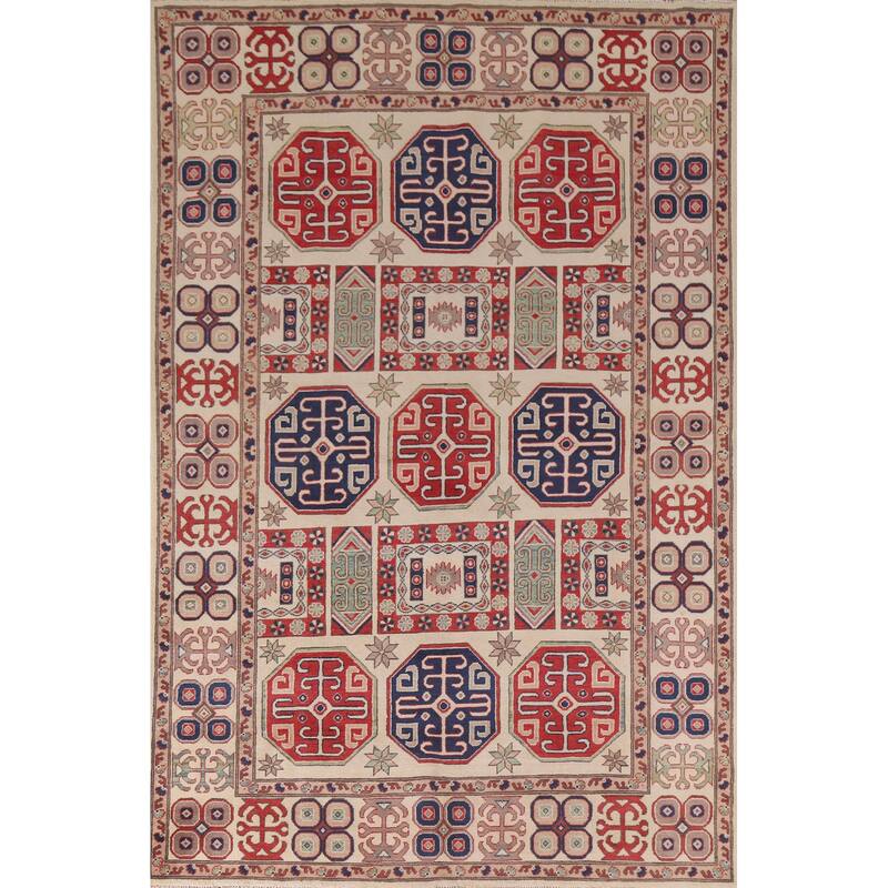 Hand Knotted Oriental 100% Wool Carpet Traditional Geometric Beige & Ivories Kazak Area Rug - 9' 7'' X 6' 7''