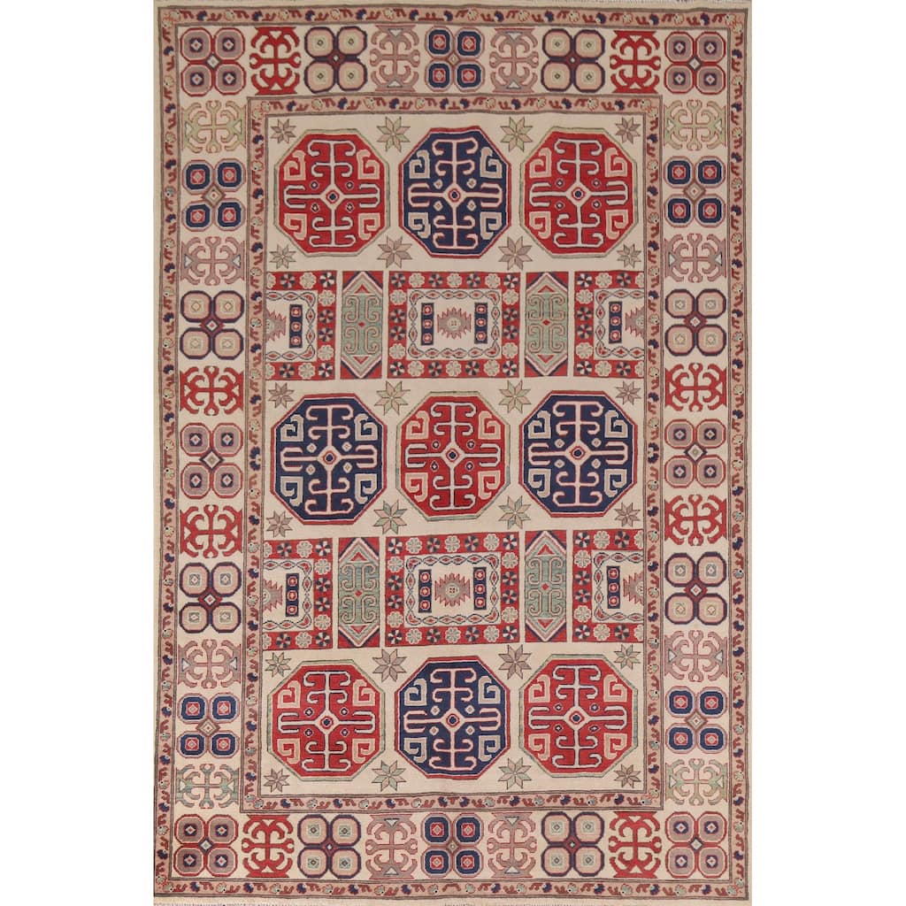 Hand Knotted Oriental 100% Wool Carpet Traditional Geometric Beige & Ivories Kazak Area Rug - 9' 7'' X 6' 7''