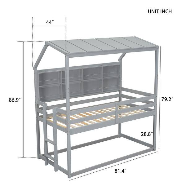dimension image slide 1 of 2, Twin House Loft Bunk Bed Kids Bed with Guardrails Semi-enclosed Roof Bedside Shelves and Ladder, Grey