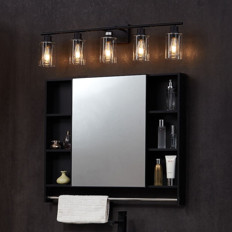 5-Light Wall Mounted Bathroom Vanity Light Fixture with E26 Base Glass Shades and Black Finish