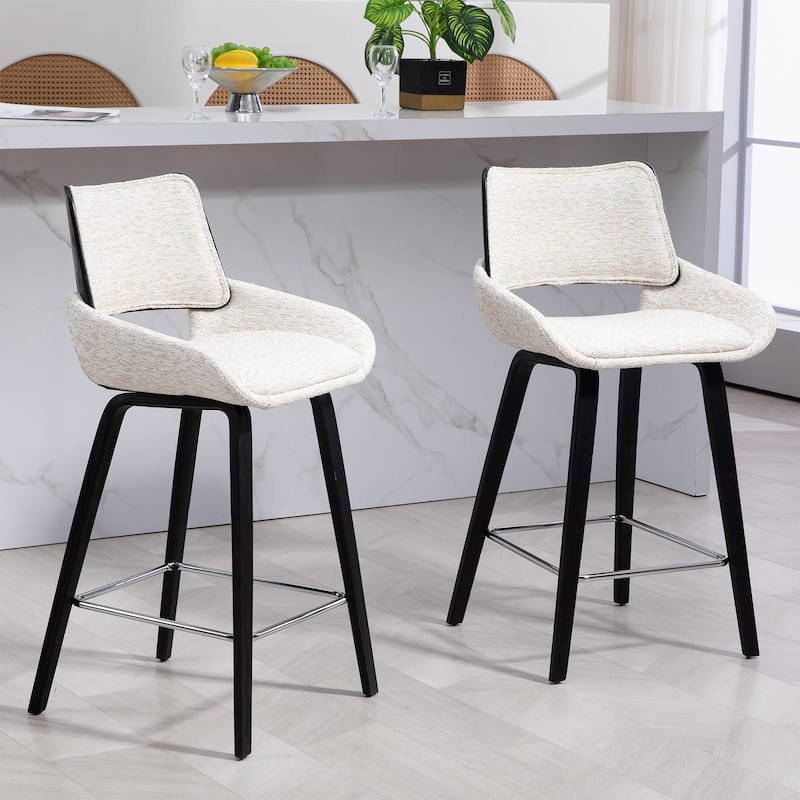 Bea White Two-Toned Linen Fabric Counter Stool with Black Wood Legs
