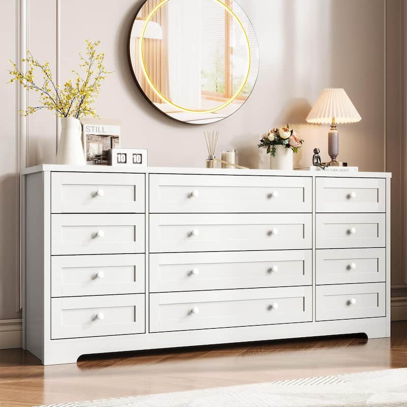 12 Drawer Dresser for Bedroom, Modern Wood Chest with Wide Top for 65" TV, Farmhouse Storage Cabinet - White
