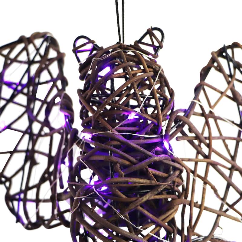 Haunted Hill Farm Set of 3 Battery-Operated Rattan Bats with Hanging Loops, Purple Lights, and Timer