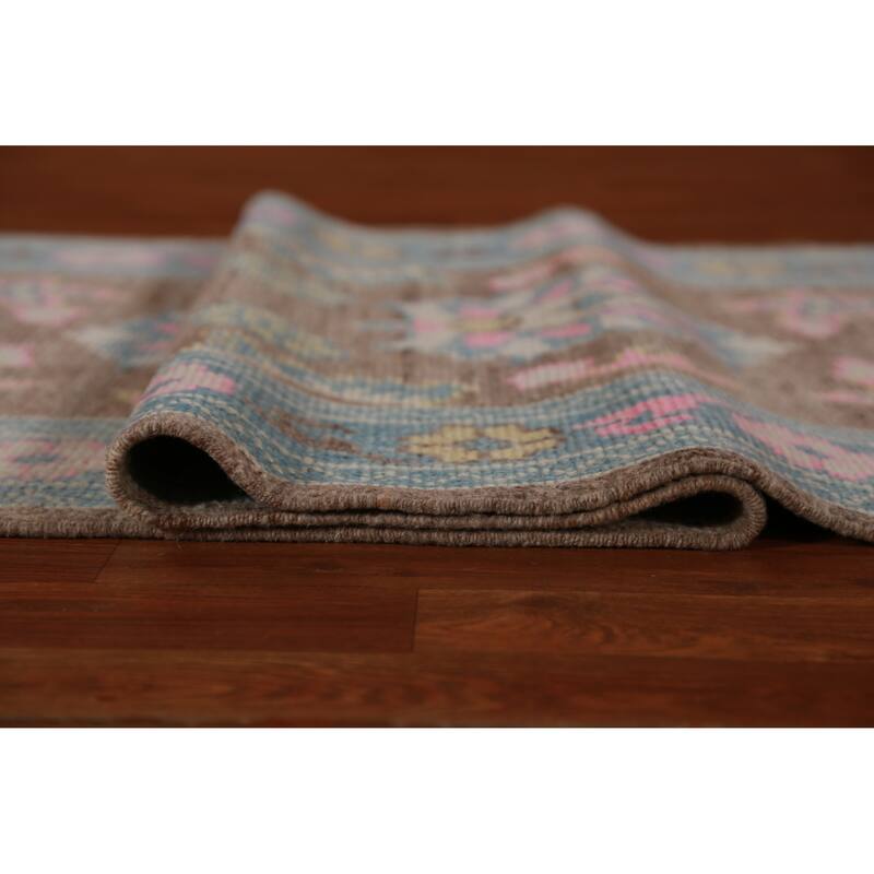 Hand Knotted Oriental 100% Wool Carpet Transitional Floral Brown Oushak Runner Rug - 15' 3'' X 3' 4''