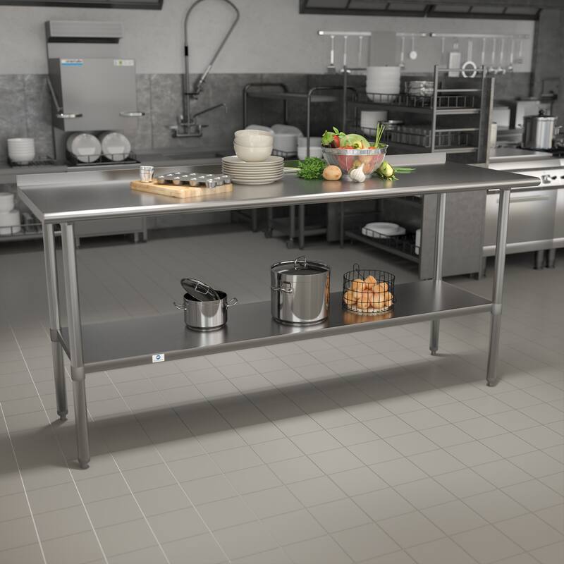 Stainless Steel 18 Gauge Work Table with Backsplash and Shelf, NSF - 72"W x 30"D x 36"H