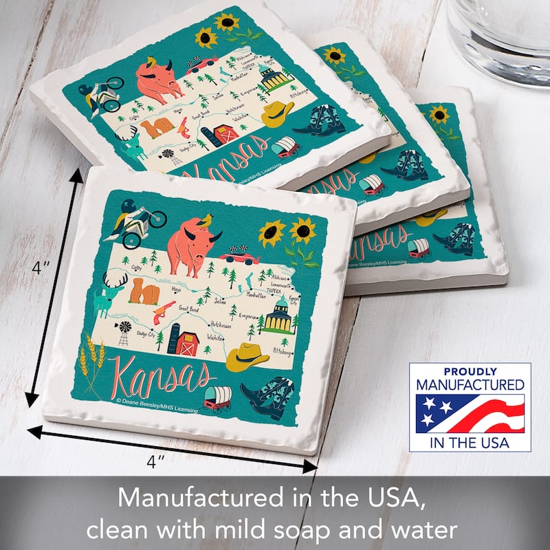 Kansas Home 4-Pack Absorbent Stone Coasters with Protective Cork Backing 4" Square Made in The USA Artistic Easily Wipes Clean