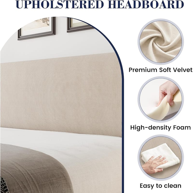 Velvet Upholstered Platform Bed with Wingback Headboard, Wood Slats Support, No Box Spring, Easy Assembly