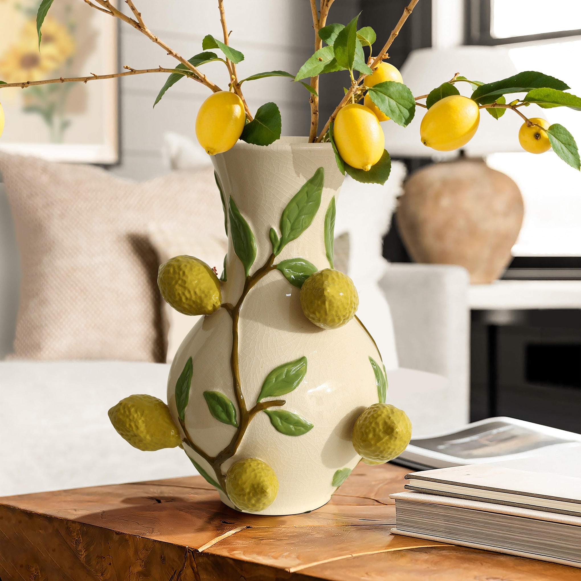Ivory with Yellow Lemons Ceramic 13.8-Inch Tall Vase - Bed Bath