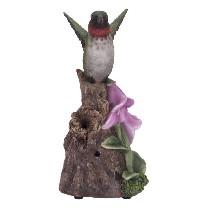 6" Green Sound Activated Singing Hummingbird on Foxglove Garden Statue