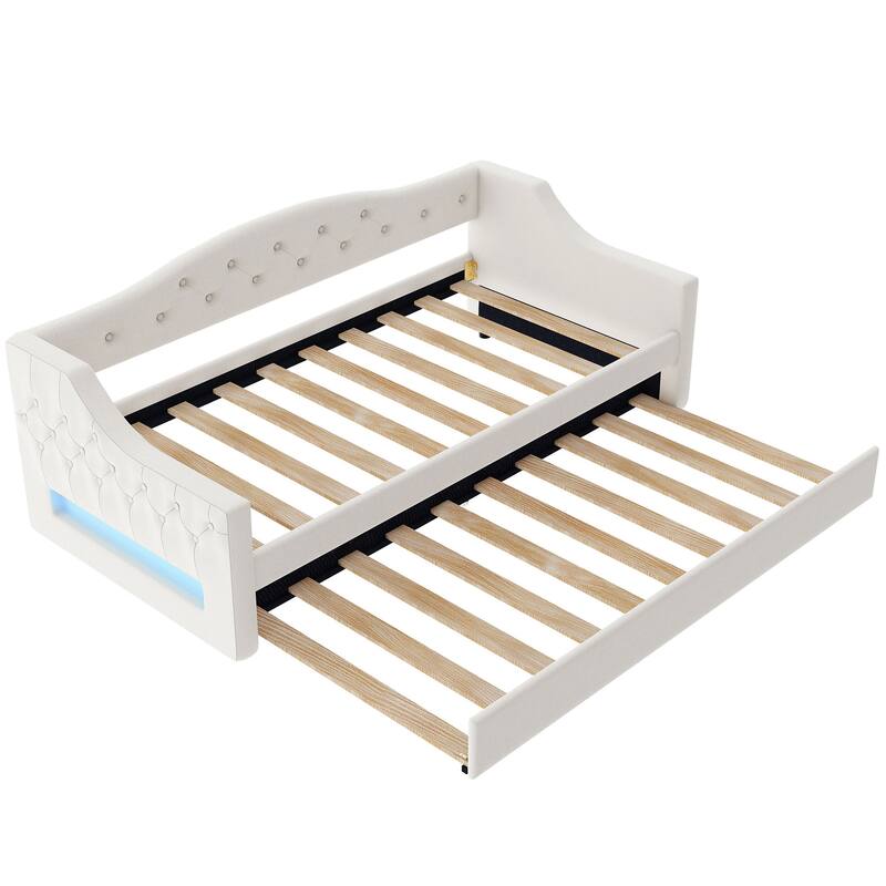 Twin XL Linen Upholstered Daybed with Color-Changing LED Lights and Space-Saving Trundle, Sturdy Frame
