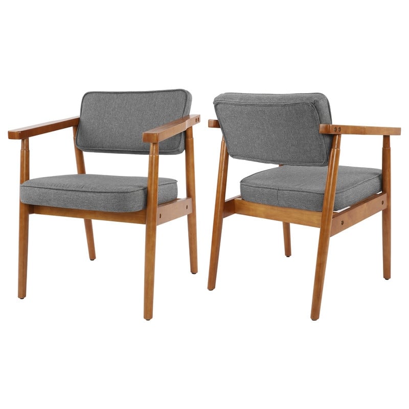 Walnut Faux Leather or Linen-Like Fabric Upholstered Dining Chair - Padded Armchair with Solid Wood Frame & Open Back