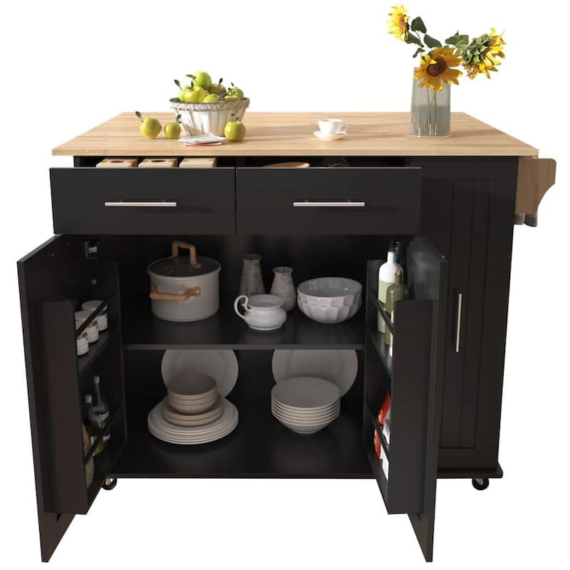 Kitchen Island with Drop Leaf and 3 Tier Pull Out Cabinet Organizer