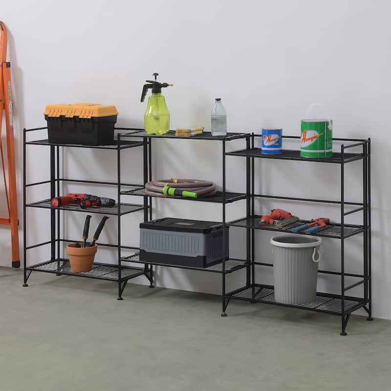 Xtra Storage 3 Tier Wide Folding Metal Shelves with Set of 3 Extension Shelves - Black