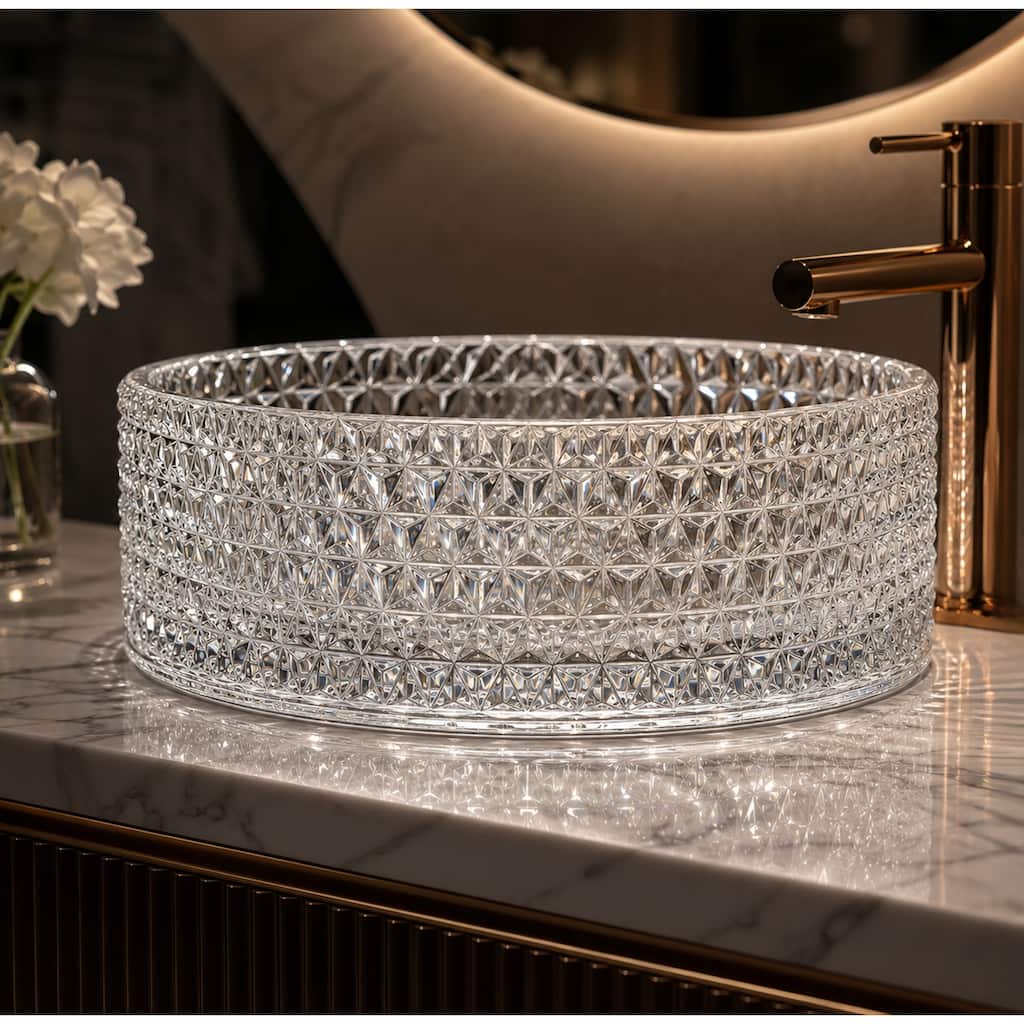 14" & 16" Round Glass Vessel Bathroom Sink with Diamond Pattern