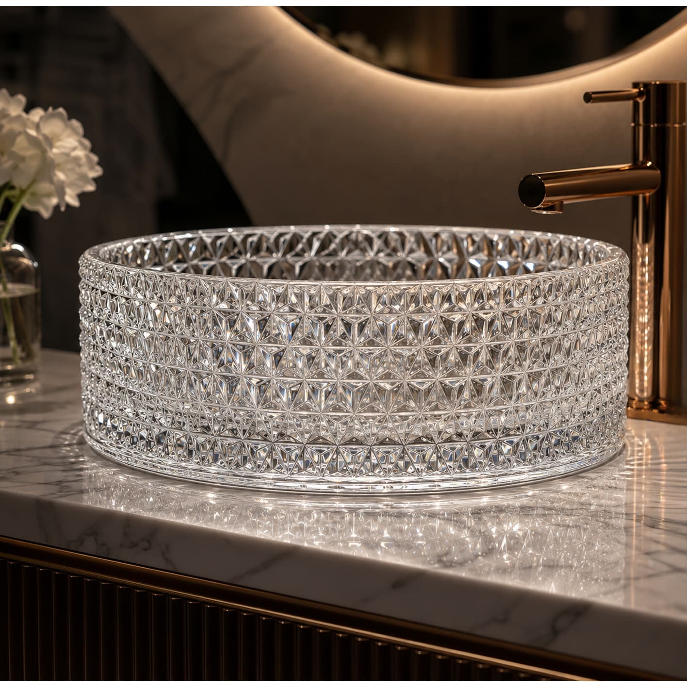 14" & 16" Round Glass Vessel Bathroom Sink with Diamond Pattern