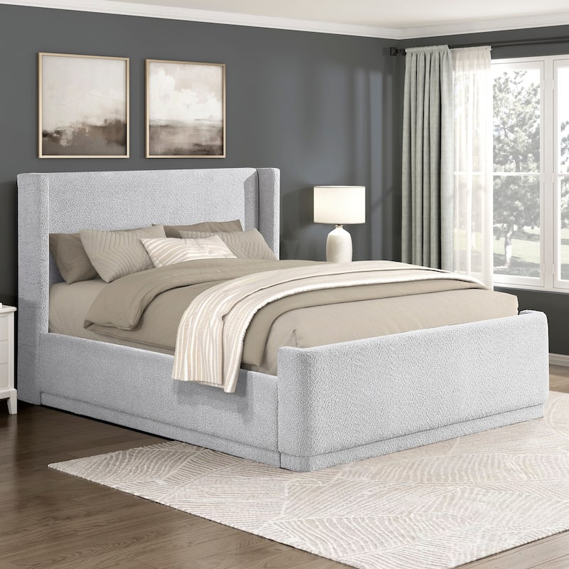 Elegant Light Gray Queen Platform Bed with Wingback Headboard and Plywood Frame - Light Gray