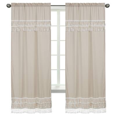 Boho Bohemian 84in Window Treatment Curtain Panel Pair - Solid Taupe Beige Ivory Cream Linen Farmhouse Shabby Chic Fringe Unisex
