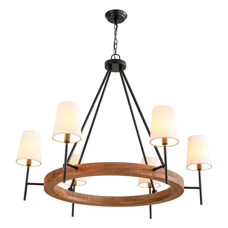 6-Light Vintage Farmhouse Wood Material Black Wagon Wheel Chandelier with Wood Material and Fabric Shade