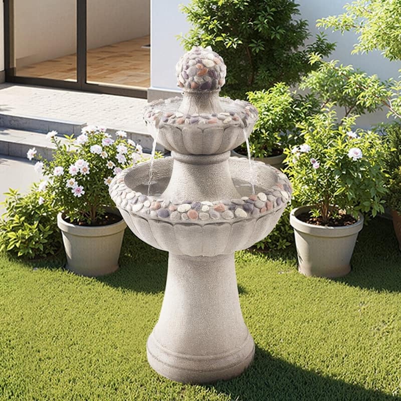 Rock Grey Resin Garden Water Fountain with Splash-Proof Design for Yard Decor - 18.90 x 18.90 x 36.50 in